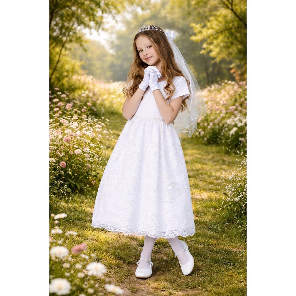 NEW Girls First Holy Communion Dress Size 6 - Satin w/Corded & Emb Tulle Sequins